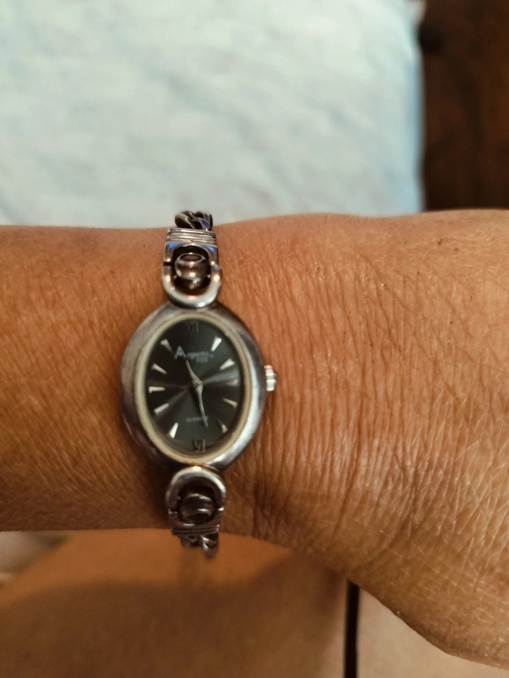 Sterling SilverWomen's Oval Bracelet Watch - Black Dial